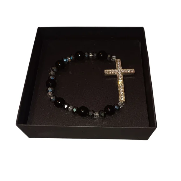 NWOT 3 Piece Stretch Bracelet Set, Silver Crystal Cross - Picture 4 of 8